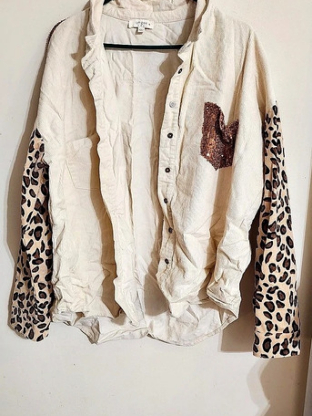 Umgee Plus Cream Corduroy Sequin & Leopard Print Button-Down Shacket — Size 2XL